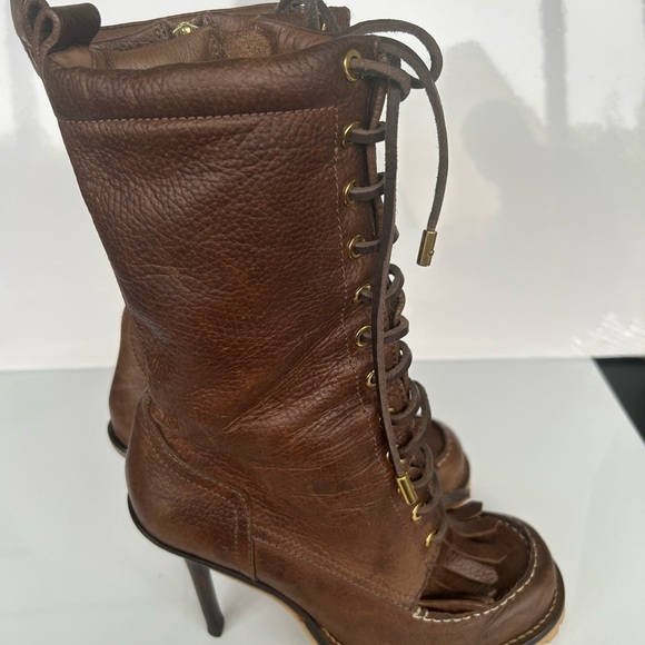 Tory Burch Trigg Brown Leather Rugged Stilleto Heel Kiltie Fringe Boot Size 9. - Picture 4 of 7